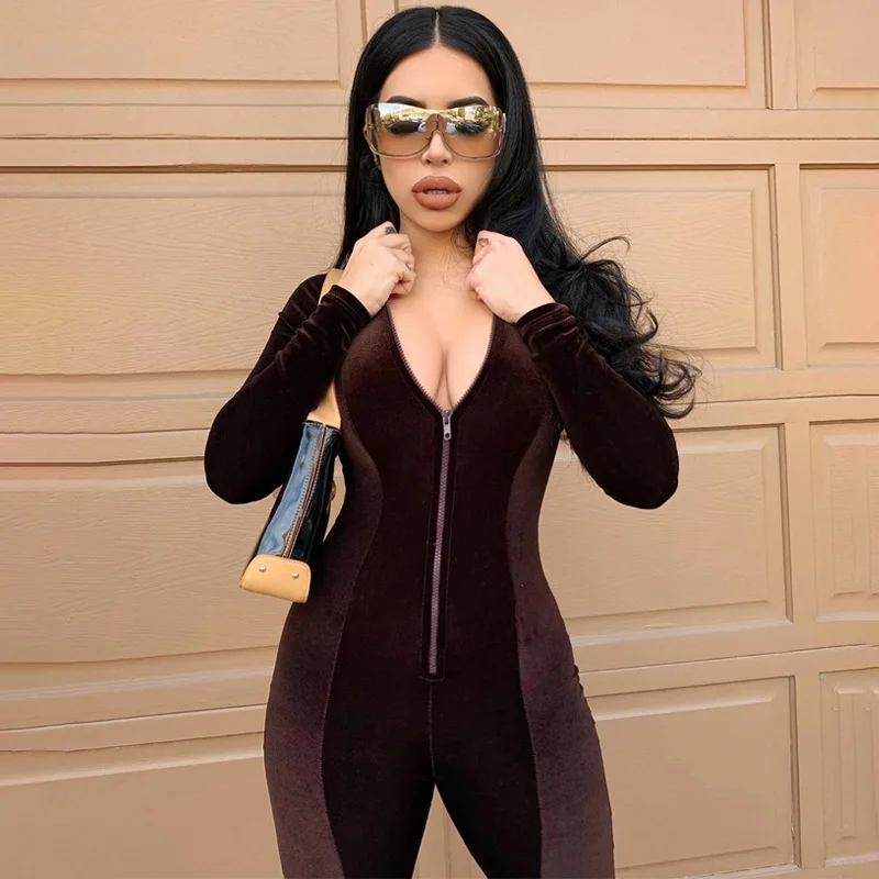Slim Bodycon Women Jumpsuits Zippers Skinny Velvet Jumpsuit Mock Neck Elegant Stunning Autumn Winter Workout Tight Rompers
