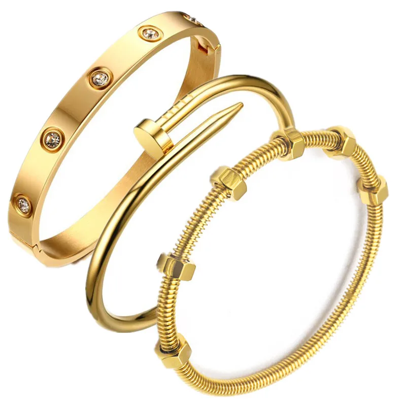 

Hare Screw and nut & roman numerals Crystal Bangle Set Stainless Steel Cuff Open Bracelet Bangle have Woman & man Size