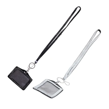 

AAAJ-2 Pcs Rhinestone Bling Crystal Custom Lanyard Vertical ID Badge Holder, Silver & Black