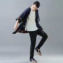 Стиль, весенне-осенняя хлопковая льняная ткань, батик, Тренч, Мужской плащ средней длины, Ретро стиль, художественное пальто, тонкое