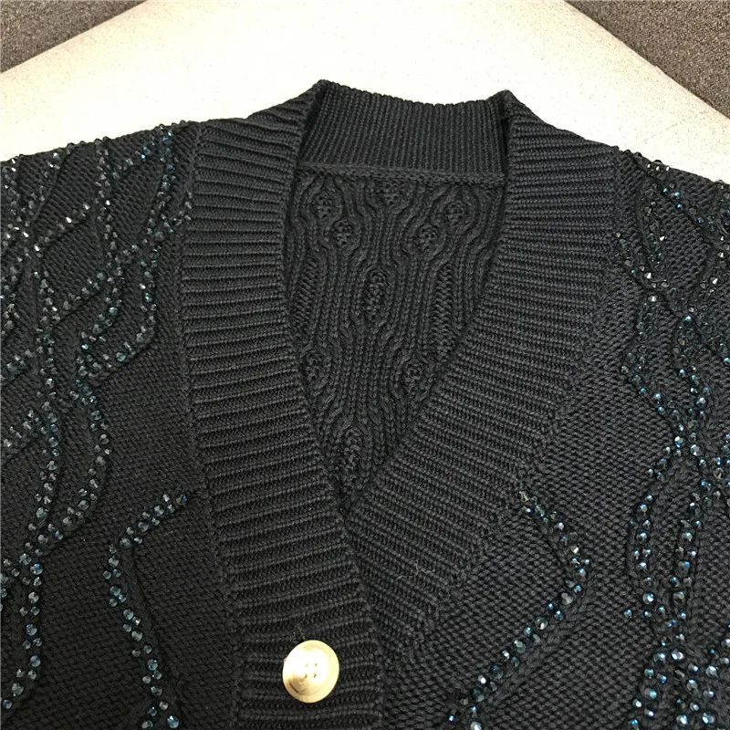 Роскошный дизайнерский брендовый вязаный кардиган для женщин с v-образным вырезом и стразами, Свободный вязаный свитер