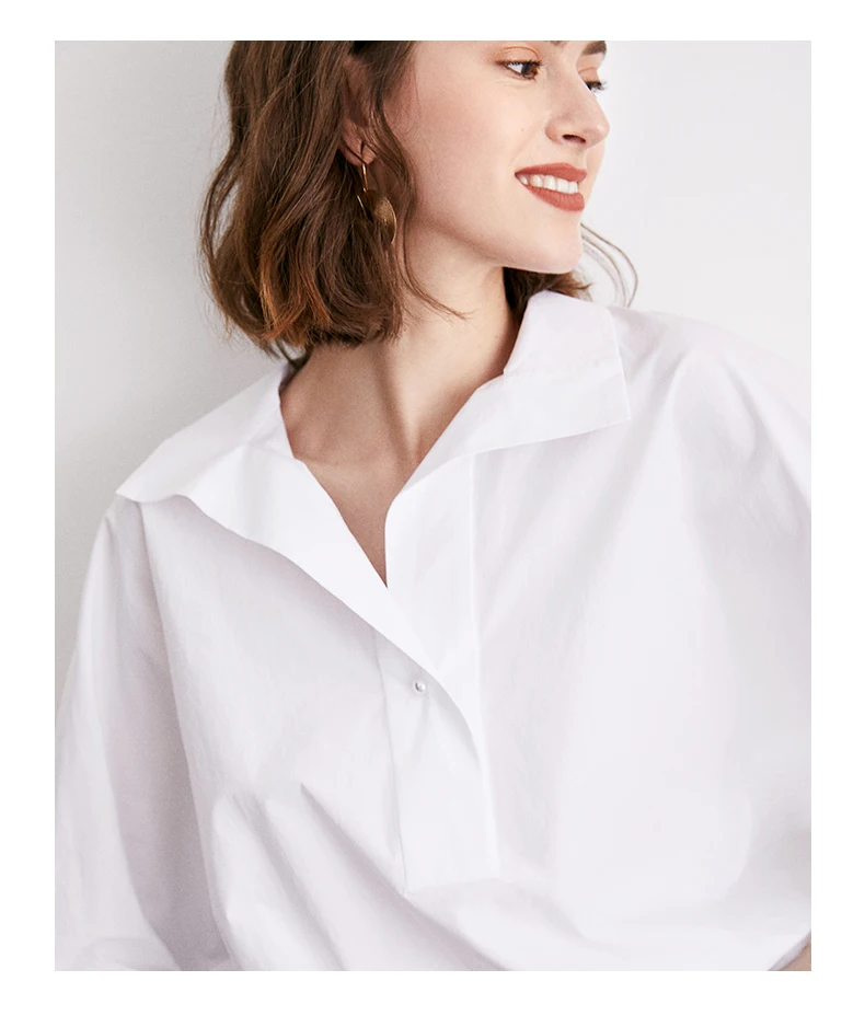 

Women White Shirt Fall Lapel One Button Loose Bat Sleeve Shirt