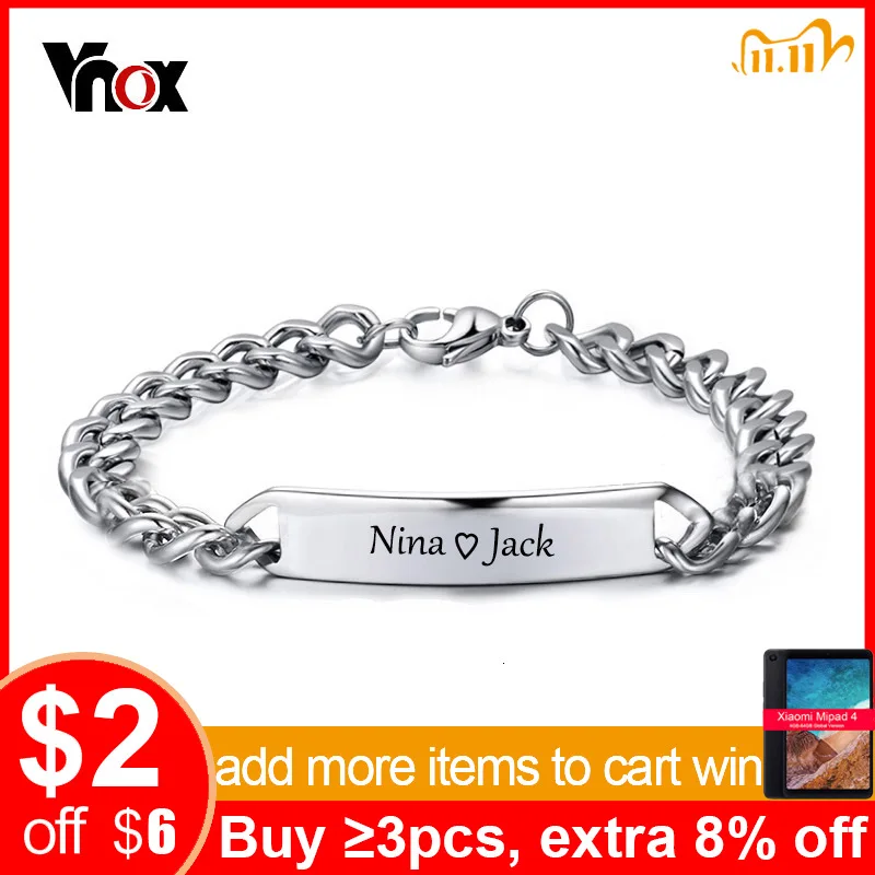 Vnox Customize Engrave ID Bar Bracelet for Men Stainless Steel Classic Simple Personalize Name Info Male Jewelry Gift afbeelding