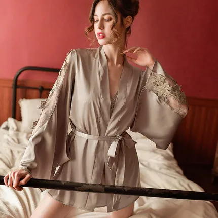 Новая Сексуальная бретелька для нижнего белья Ночная рубашка+ спальный костюм летний сексуальный женский ультра-тонкий перспективный ледяной Шелковый комплект для сна - Цвет: gray dress