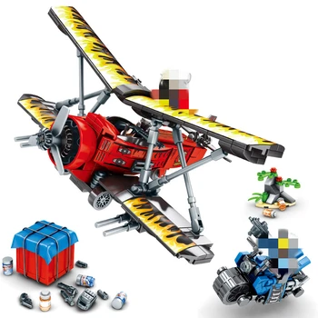 

350pcs PUBG Desert Map Glider Battle Motorcycle Weapons Military Army WW2 Soldier Building Blocks SWAT City Toys for Children