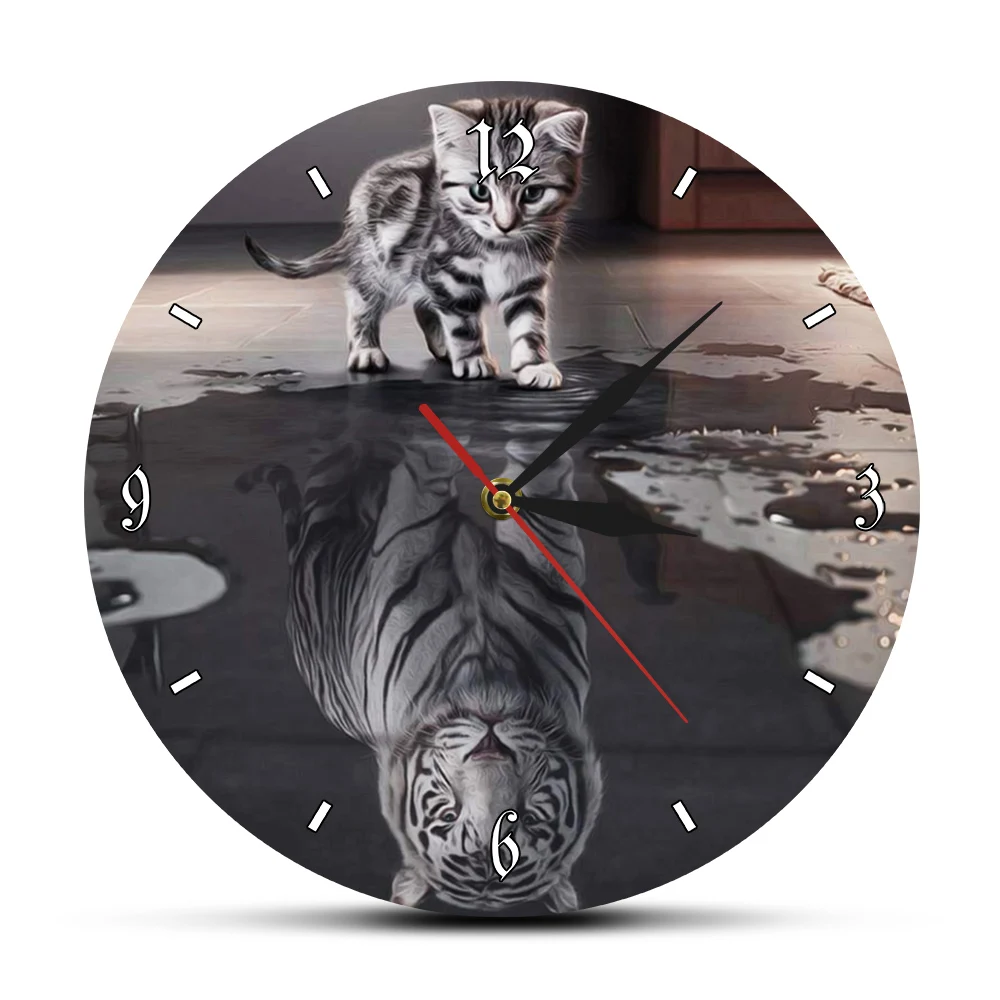 Табби котенок отражение белый тигр мотивационные стены Искусство дома декоративные часы отражение душа кошка отражение Тигр настенные часы