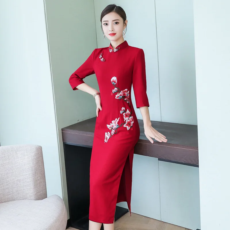 Autumn Cheongsam Long New Style Vintage Improved Ethnic-Style Slim Fit Slimming Women's Embroidered Cheongsam Dress