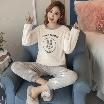 

2020 Winter Thick Warm Flannel Pajamas Sets Women Long Sleeve Coral Velvet Sleepwear Pyjamas Girls Cute Cartoon Homewear Clothes