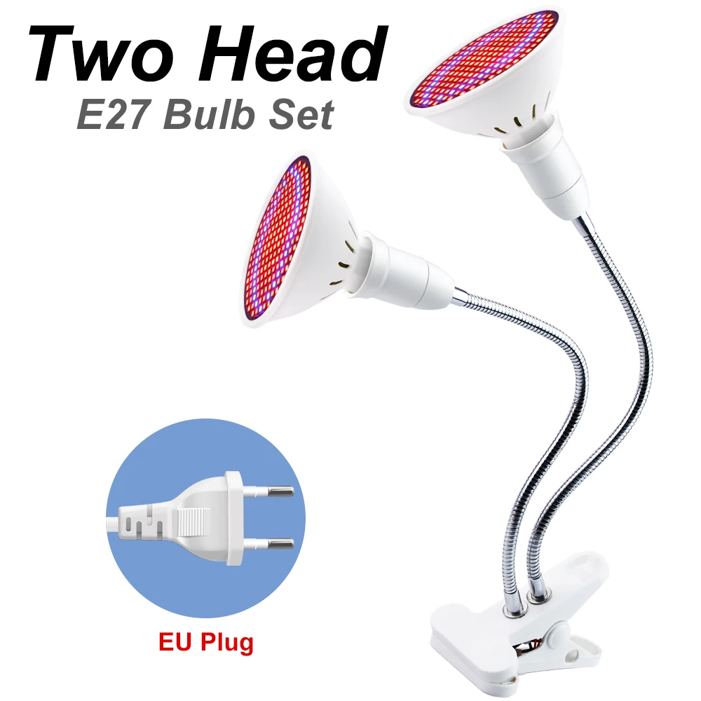 2 heads and bulb E27 растут светильник светодиодный полный спектр Крытый гидропоники рост светильник светодиодный Фито Лампа 220V Фито лампы 85-265V лампа в форме растения 2835SMD - Испускаемый цвет: 2 heads and bulb