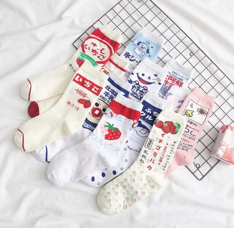 Милые женские японские Носки с рисунком клубники, сока, йогурта, молочных коктейлей