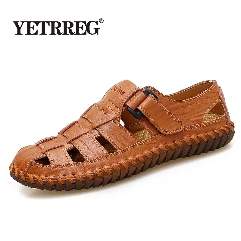 VANCAT New Summer Men Sandals Leisure Beach Men Shoes High Quality Genuine Leather Sandals The Men's Big size 39-47