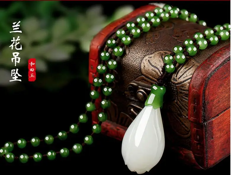 Зеленый Xinjiang Hetian jade белая Магнолия цветок кулон, натуральный нефрит, нефрит, цепь свитера, Нефритовое ожерелье кулон - Цвет камня: Зеленый