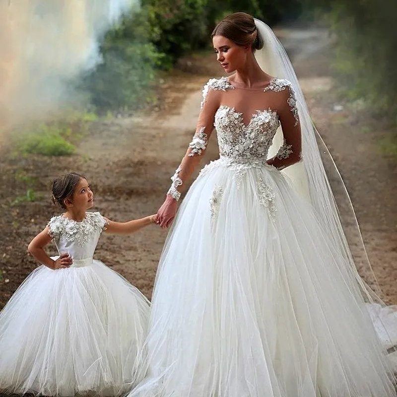 Vestido de Noiva летнее китайское бальное прозрачное кружевное Тюлевое свадебное платье с длинным рукавом,, платья для матери невесты на заказ