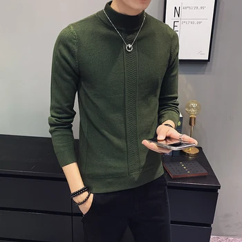 

2019 Winter Men's Half High Collar Coats Long Sleeve Woolen Sweater Male 5 Color Knitting Slim Fit Pullover Big Size M-3XL