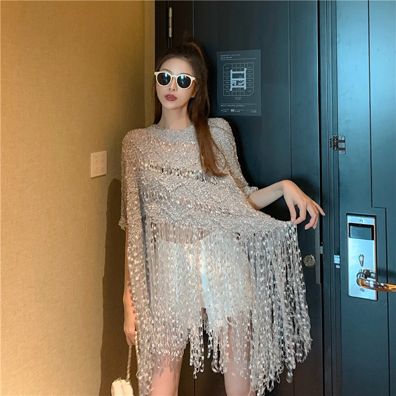 WHITNEY WANG Осенняя мода уличная сексуальная прозрачная негабаритная кисточка свитер женский джемпер sueter mujer invierno