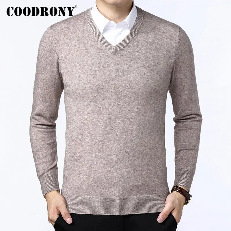 Хаки Бренд COODRONY, мужской свитер, Осень-зима, толстый, теплый, для мужчин, Классический Повседневный пуловер с v-образным вырезом, мужской кашемировый шерстяной трикотаж 91110 - Цвет: Хаки