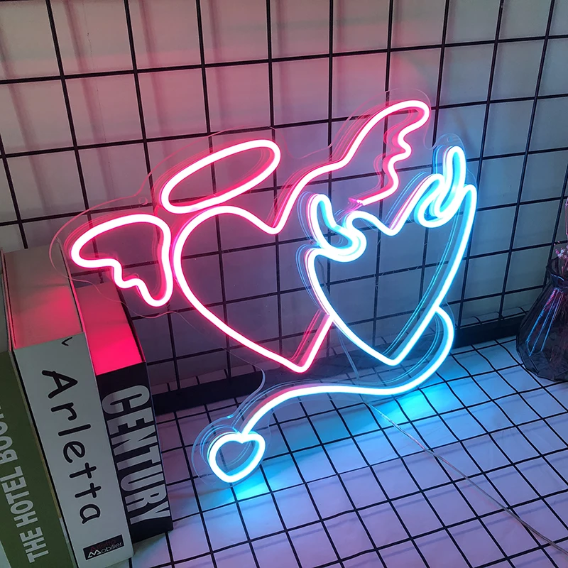 

Custom Logo Devil and Angel 3D Led Flex Transparent Acrylic Plexiglass Neon Sign Light Letter Board Party Background Decor