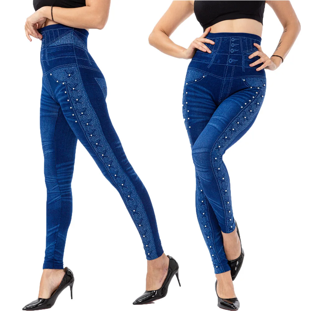 Plus Size 3XL High Waist Faux Denim Jean Leggings Slim Elastic Seamless Skinny Pencil Pant Female Workout Running Leggings lululemon align leggings
