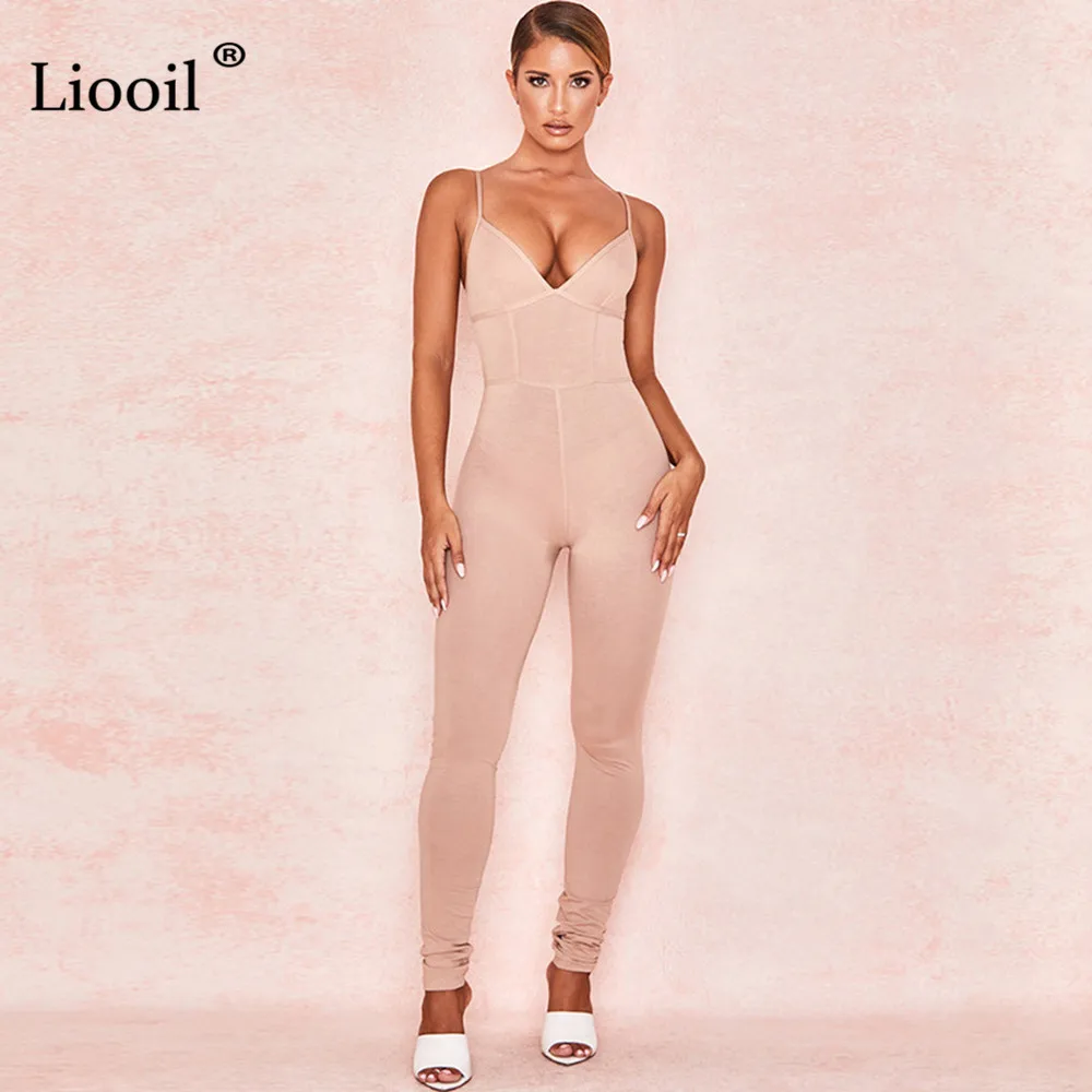 Liooil One Piece Outfits Black White Sexy Tight Jumpsuits Fall Sleeveless V Neck Bodycon Party Club Rompers Womens Jumpsuit - Цвет: Apricot