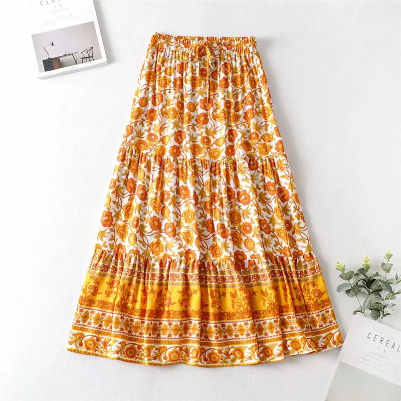 Boho chic Женская модная летняя юбка хиппи сетка вышитая желтая с цветочным принтом Пляжная богемная юбка женская негабаритная