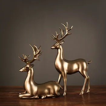 

Deer Figurines Miniatures Living Room Bedroom Wine Cabinet Ornaments Style Resin European Wedding Gift 2 Pieces Gold Color