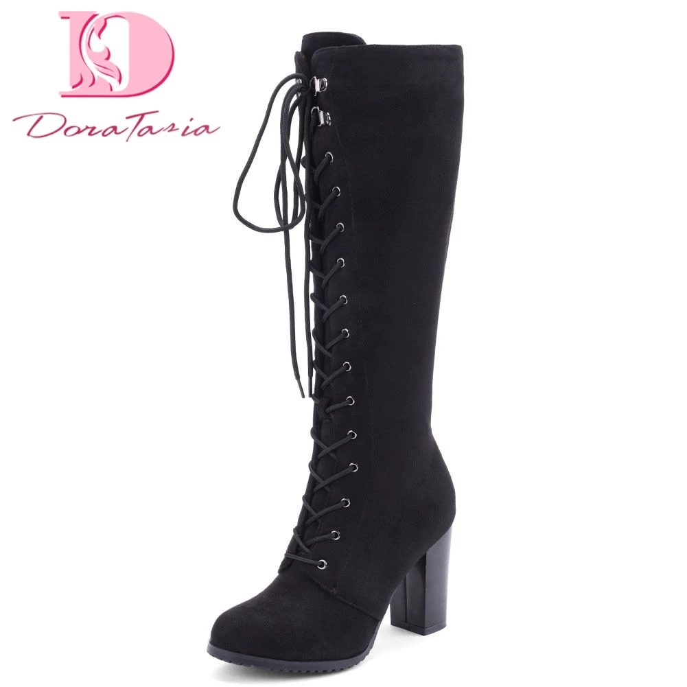 

Doratasia women's Winter Knee High Boots Woman Shoes Best Quality Sexy Big Size 43 lace ups Boots Female High Heels Shoes