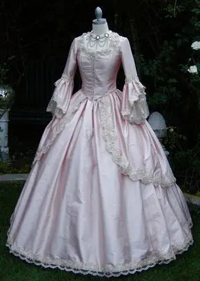 Marie Antoinette Fantasie Prom Party Kleid mit Langarm 2019 Retro Staubigen Rosa Spitze Stain Gothic Korsett Abendkleider