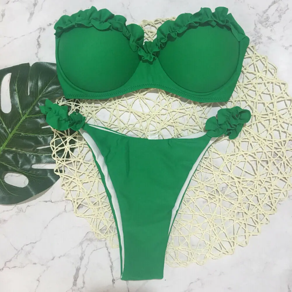 Купальник с высокой талией, сексуальное бикини бразильское для женщин, купальный костюм с пуш-ап, бандо, топ размера плюс, комплект бикини, купальные костюмы - Цвет: Зеленый