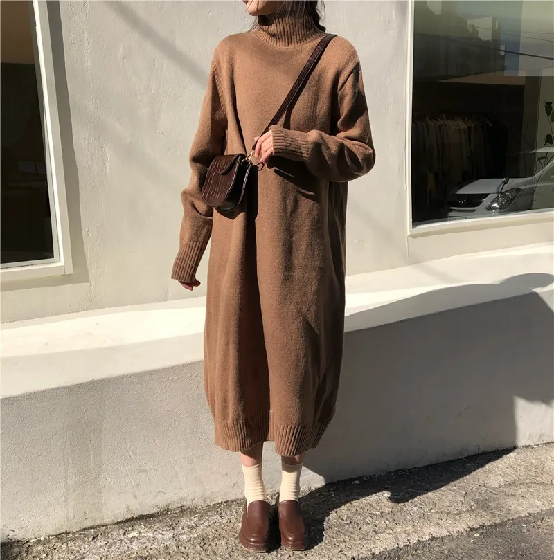 RICININA, макси платье, женское длинное платье, водолазка, однотонное, Ретро стиль, вязаное платье, женские элегантные платья, для девушек, весна - Цвет: coffee women dress