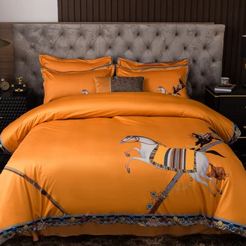 

Horse Orange Bedding Set 4pcs Queen Cashmere Knitted Cotton European Style Duvet Cover Flat Sheet Set