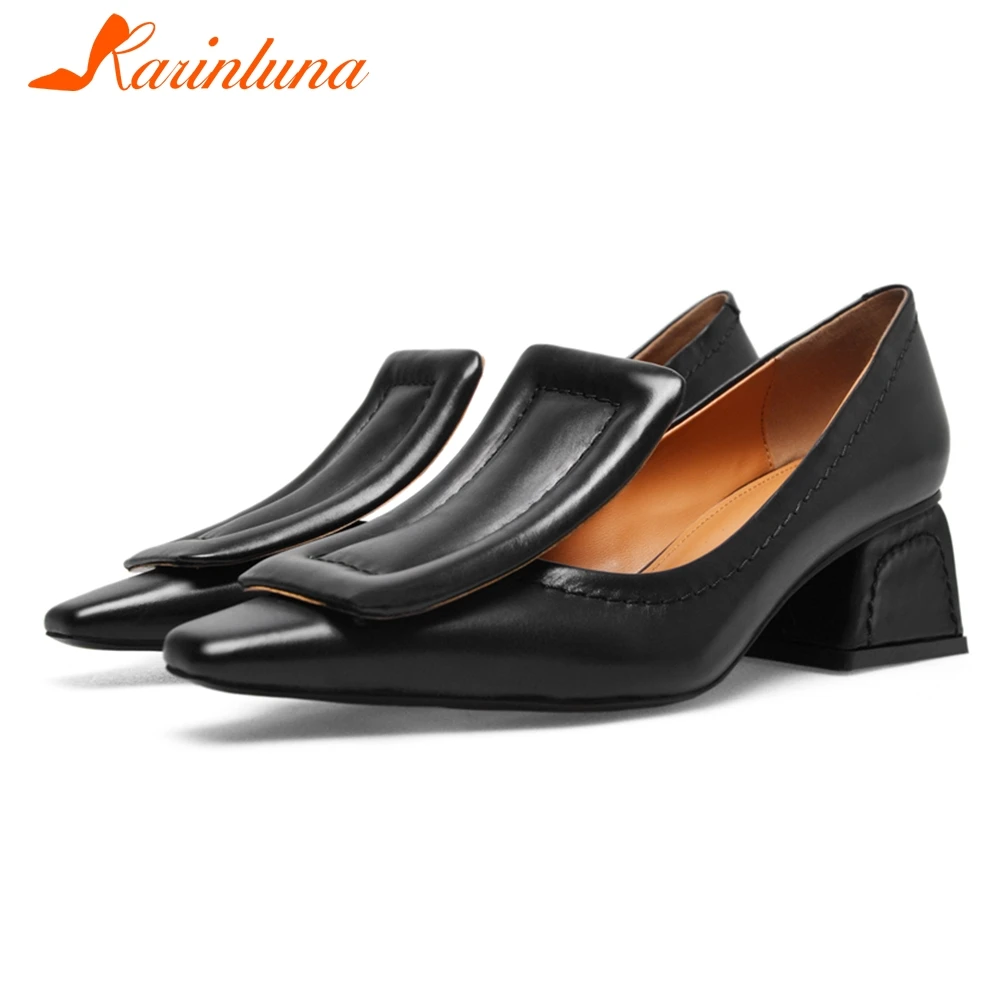 

KARINLUNA Summer Brand Designer Pumps Women 2019 Genuine Leather OL Shallow Shoes Woman Black Chunky Heels Pumps