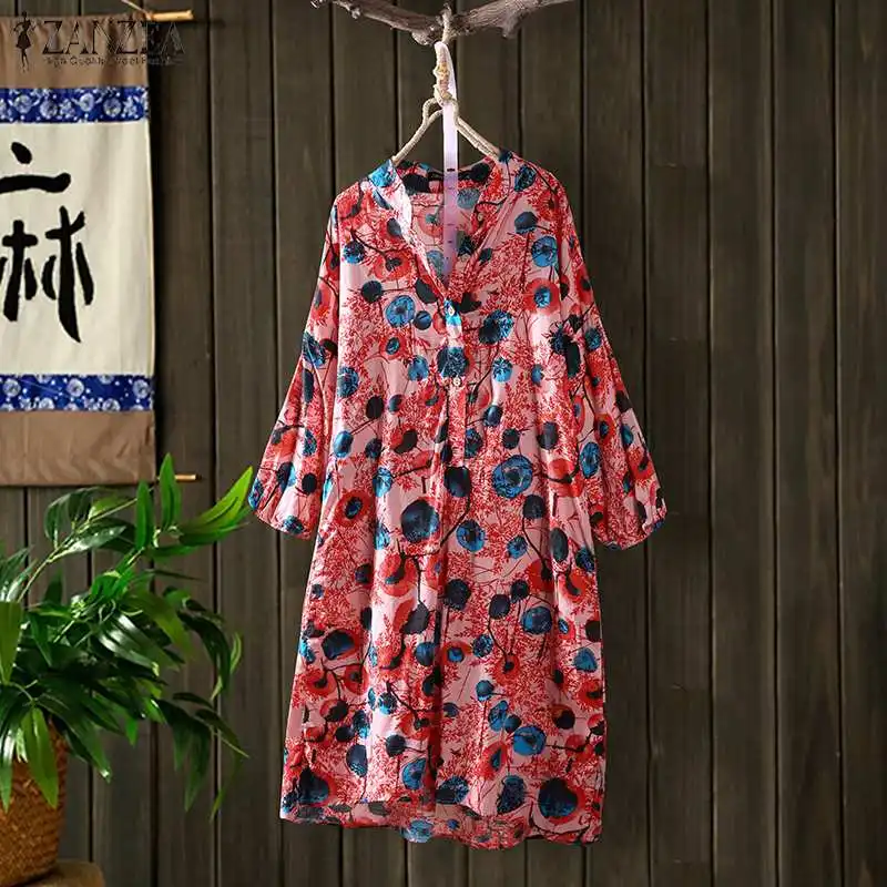 ZANZEA Autumn Casual Blouse Women Vintage Floral Printed Long Shirt Loose 3/4 Sleeve Buttons Blusas Femme Robe Tunic Tops S-5XL