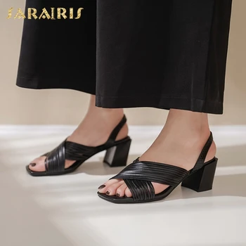 

Sarairis 2020 New Design Hot Chunky Heels Cow Leather Summer Sandals Women Shoes Slip On Black Brown Casual Shoes Woman Sandals