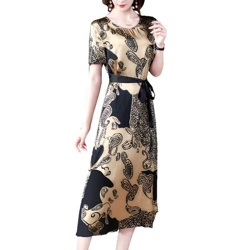 

New Fashion Mom Women Summer Dress Newly Added size Loose Ladies Dresses Round neck hort sleeve Print Long vestido OK730