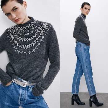 

ZA Fashion Winter Beaded Sweater Women Pullover 2019 New Temperament Long Sleeve Stand Collar Knit Sweaters Casual Ladies Tops