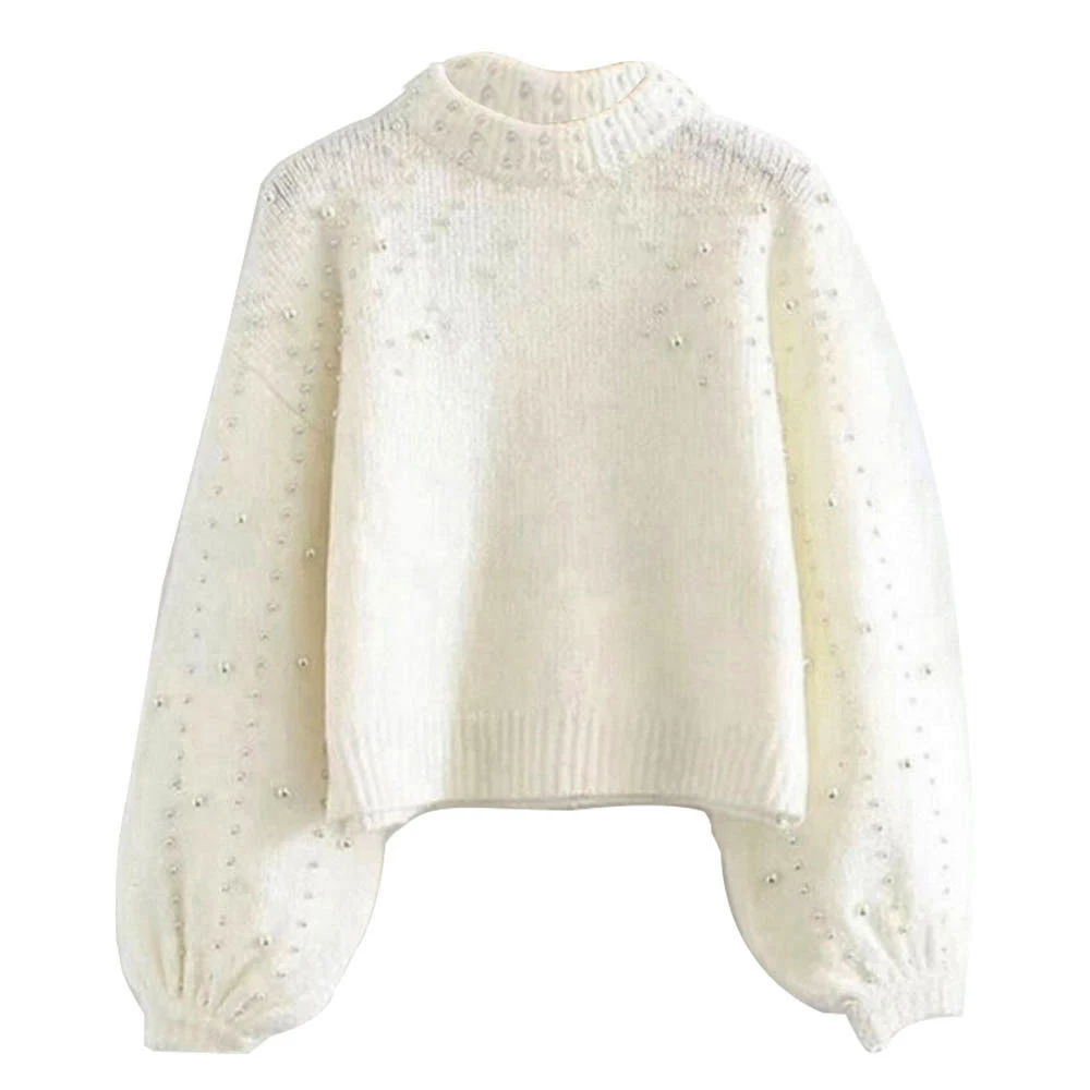 SFIT корейский модный Женский вязаный свитер с длинным рукавом, однотонный пуловер с круглым вырезом и жемчугом, свободный свитер, горячая распродажа