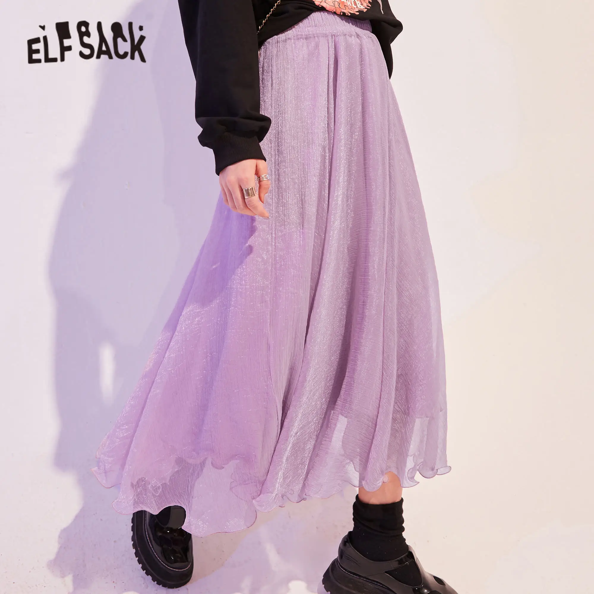 Женская шифоновая юбка ELFSACK фиолетовая однотонная трапециевидная с высокой