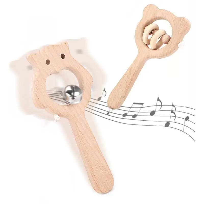 

Wooden Rattle Beech Bear Hand Teething Wood Ring Baby Rattles Play Gym Montessori Stroller Educational Non-toxic Toys For Kids