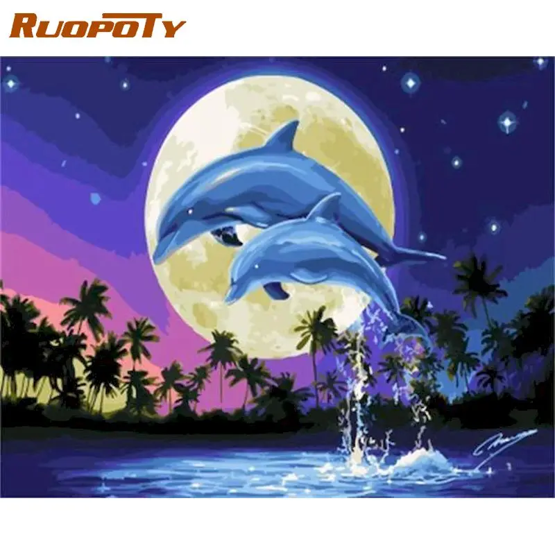 

RUOPOTY Dolphin Animals DIY Painting By Numbers Oil Wall Art Picture By Numbers For Adults Diy Gift Home Decors