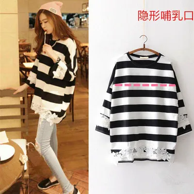 

Maternity Clothes 2018 Spring Korean-style Stripes Long Sleeve Feeding Base Shirt Large Size Lace Nursing Hoodie Women's
