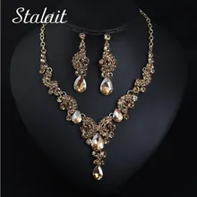 Винтажная Капля воды кристалл кулон ожерелье серьги золотая цепочка-чокер набор украшений для женщин Свадебные обручальные украшения набор