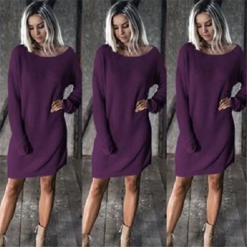 

women Large Size Long Sleeve O-neck Dress Women's Fashion Solid Color Dresses Autumn Winter Casual Dresses Female
