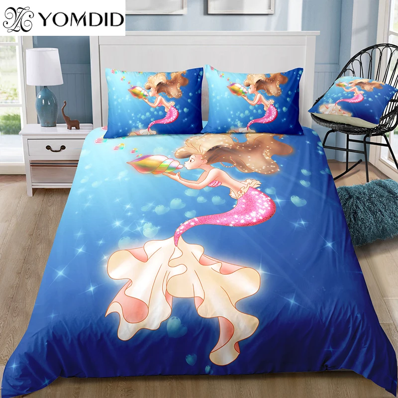 

Blowing conch mermaid bedding sets cartoon mermaid duvet cover set blue background printed quilt cover pillowcase home decor