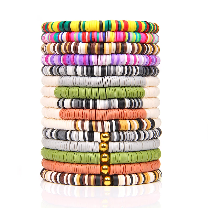 5Pcs/Set Boho Colorful Polymer Clay Elastic Chain Bracelet Women Summer  Vintage String Beads Bangles Wrist Hand Couple Jewelry
