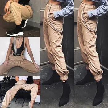

Women Casual High Waist Cargo Pants Ladies Loose Solid Trousers Side Pockets Elastic Waist High Waist Chain Hip-Pop