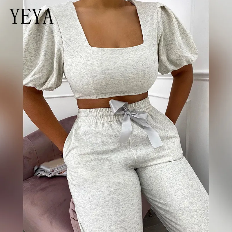 

YEYA Square Collar Lantern Sleeve Crop Top High Waist Pants Autumn Tracksuit Set 2 Piece Set Women Winter Casual Outfits Set