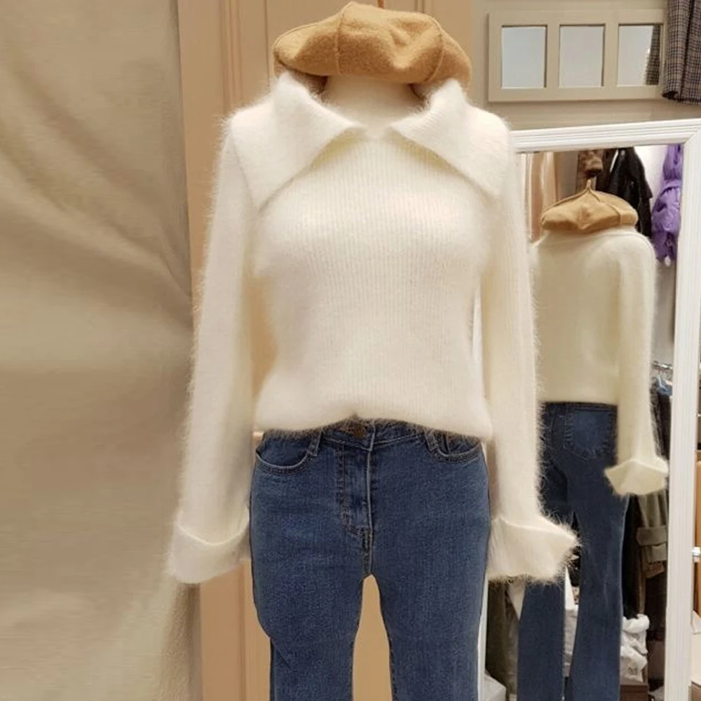 Осенне-зимние женские пуловеры из ангоры с кроликом свитер отложным воротником и
