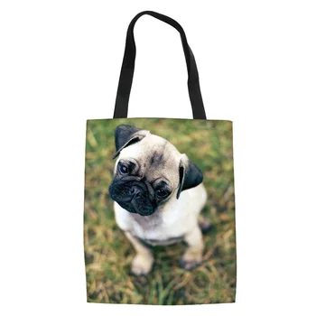 

2020 New Cute Pug Printing Foldable Shopping Bags Women Shoulder Shopper Pouch Ladies Capacity Travel Storage Canvas Bag Torebki