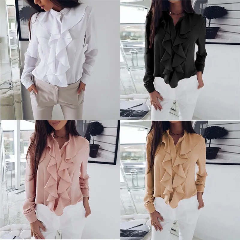 New Women Soft Blouse Tops Long Sleeves Ruffled V-neck Solid Color Slim Tops