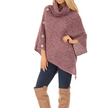 

Hot Women Sweater Knitted Sweet Sweater Korean Loose Bat Sleeve Sweater High Collar Button Pullover Irregular Sweater Top